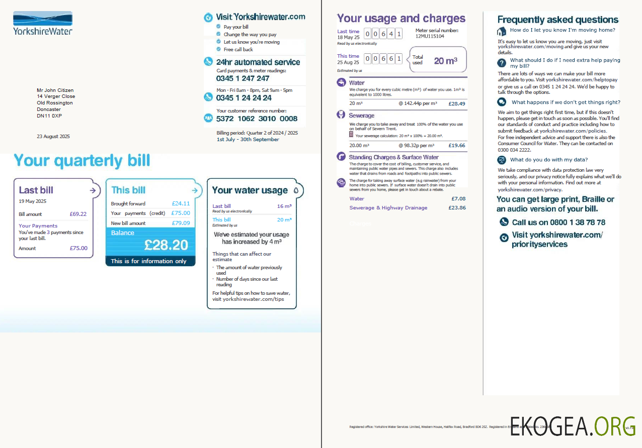 United Kingdom Yorkshire Water utility bill template in Word and PDF formats, 2 pages, version 2